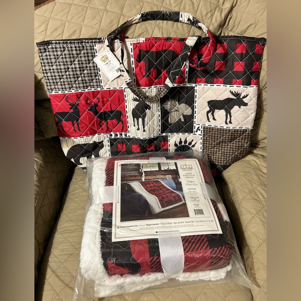 Lodge Life quilted tote bag & Virah Bella Quilted Sherpa Throw - Picture 1 of 13